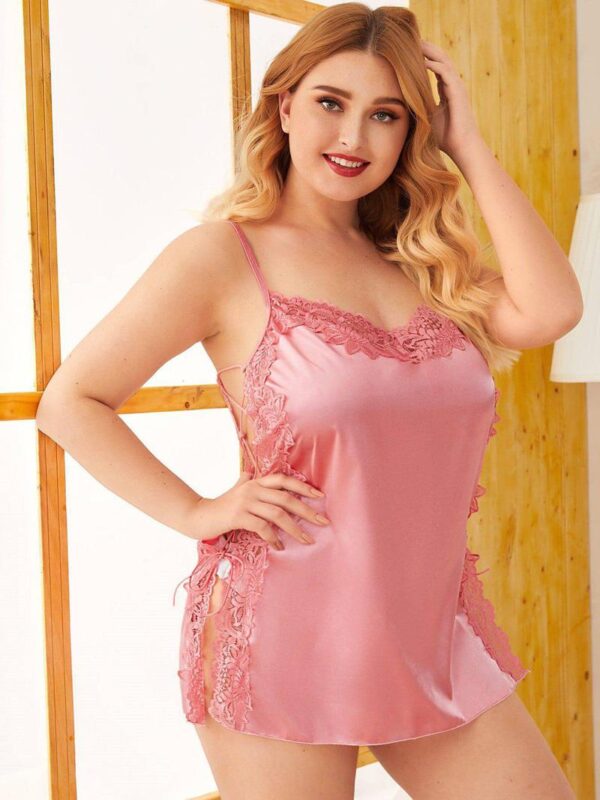 Lingerie Large Plus Size Sexy Nightgowns Pink Satin Lace Dress
