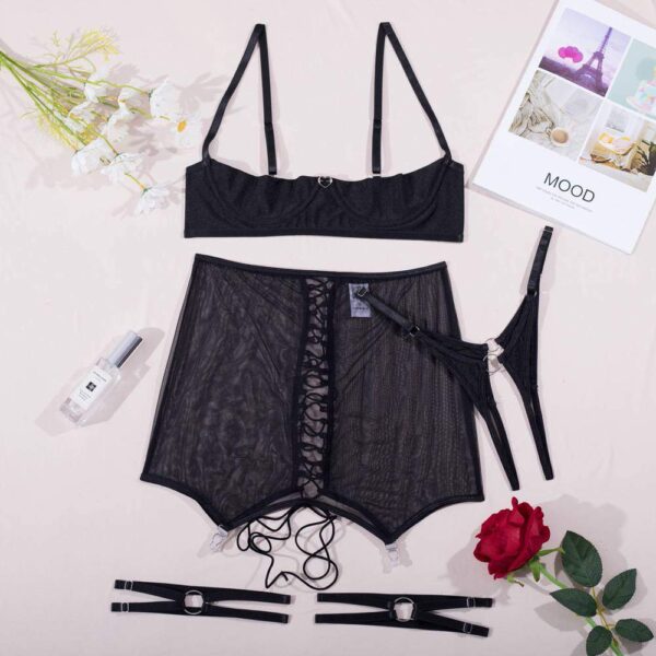 Open Breast Lingerie 1/4 Cup Demi Shelf Bras For Women Sexy Open Nipples Lingerie Sets Skirt - Image 4
