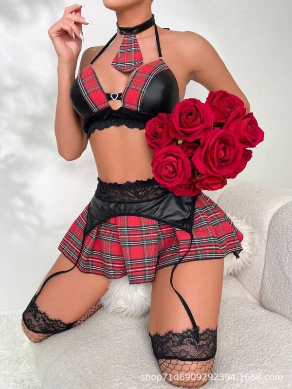 Sexy School Uniform Lace Bra Plaid Garter Skirt Belt Suit - Image 2