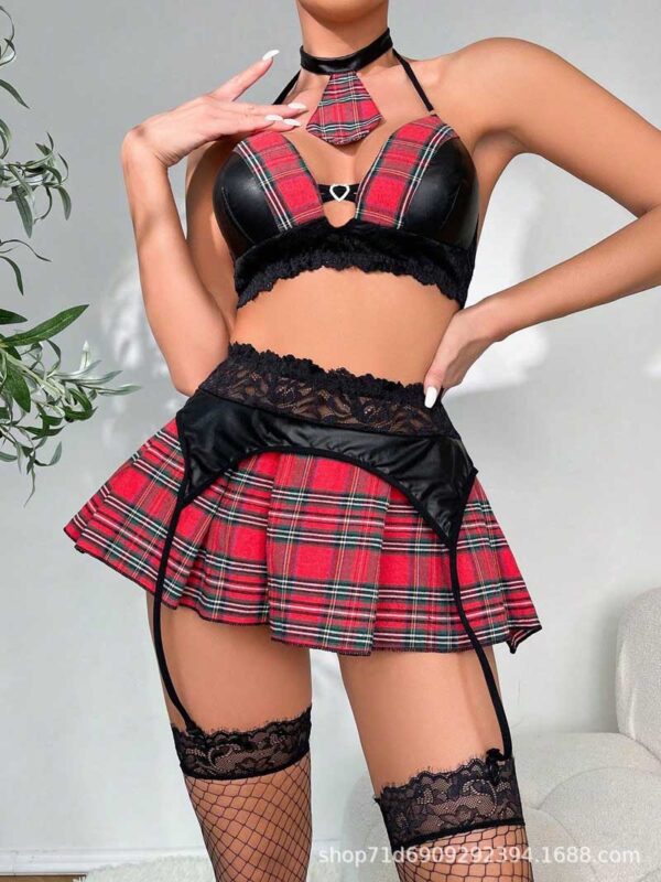 Sexy School Uniform Lace Bra Plaid Garter Skirt Belt Suit