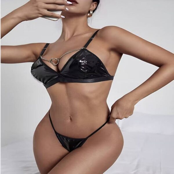 Sexy Bra Set Patent Leather Three-Point Black Bra And Panties - Image 2